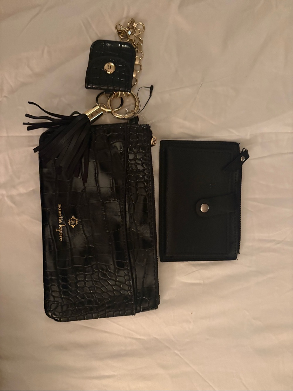 Nanette Lepore Black Croc-Embossed Wristlet with Tassel and Key Charm Set